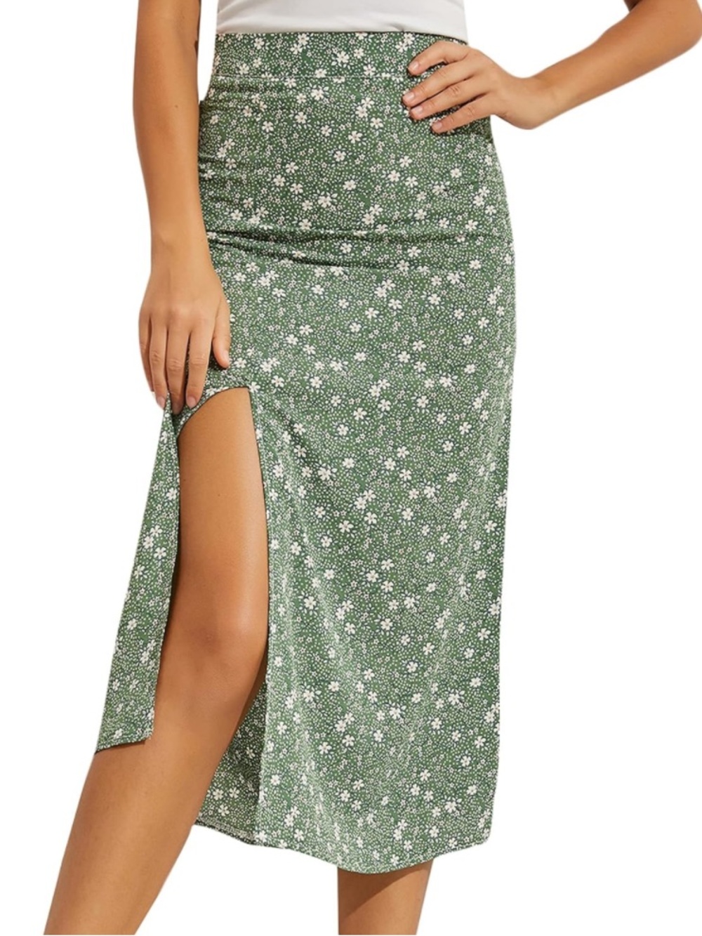 Green Floral Side-Slit Midi Skirt